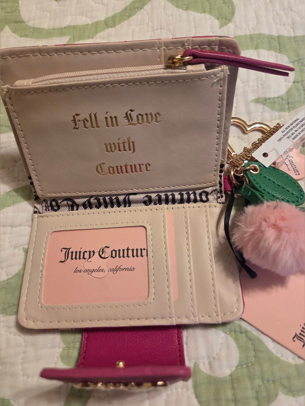 NWT Juicy Couture Cherry Girl Wallet with Pom Pom Heart Logo Charms